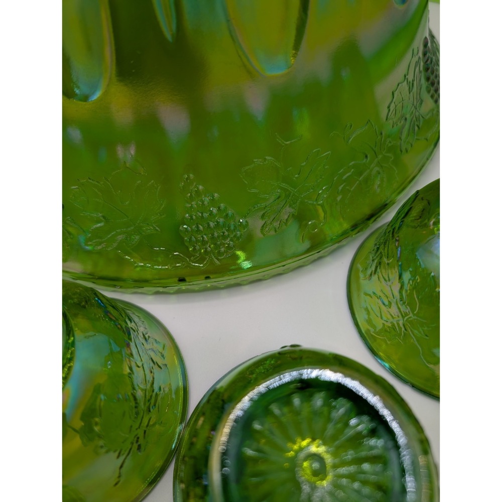 Vintage Indiana Carnival Glass Iridescent Green Punch Bowl Set With 12 Cups - Picture 15 of 16
